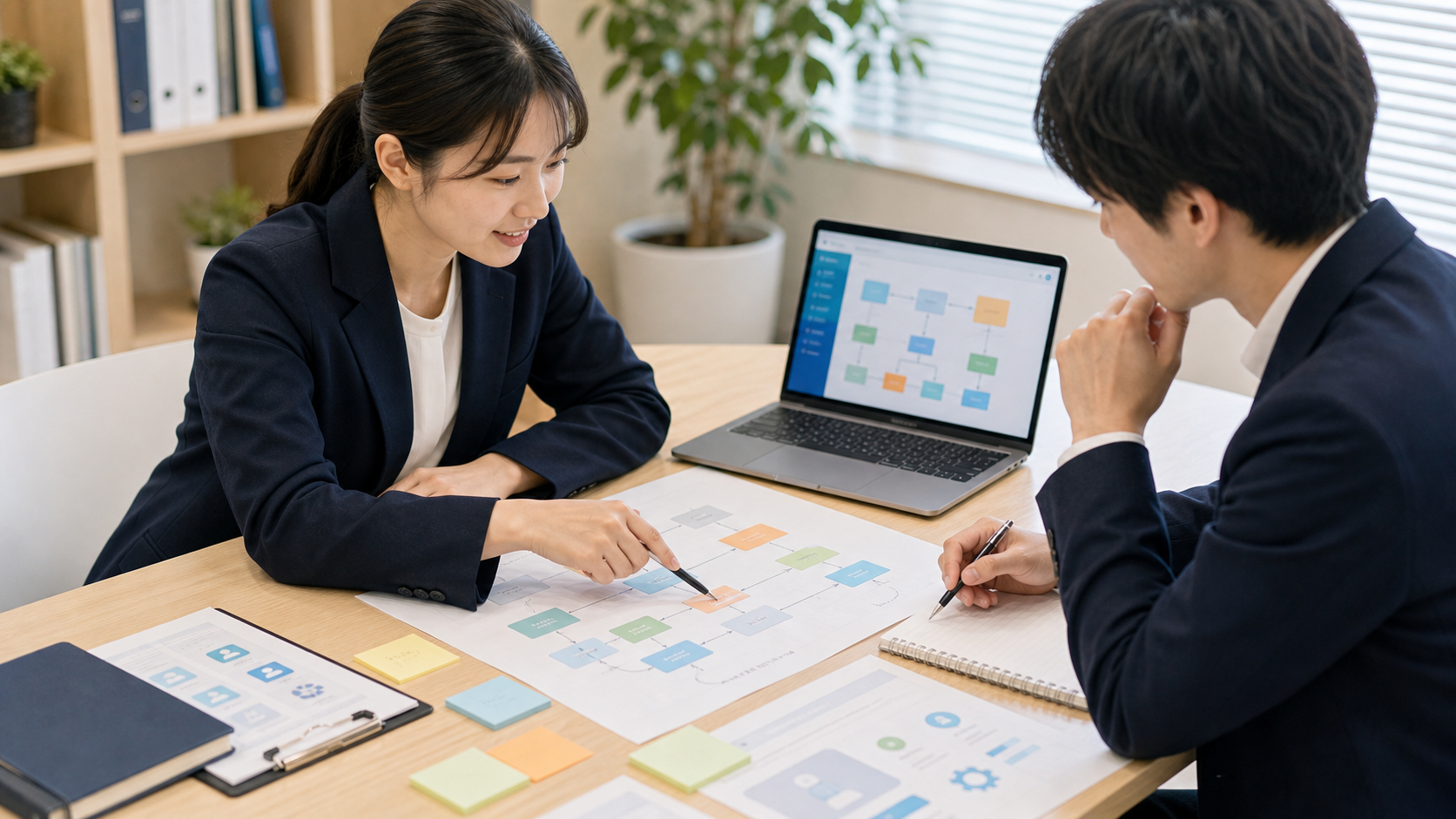 AI導入の相談で業務フロー資料を確認する様子
