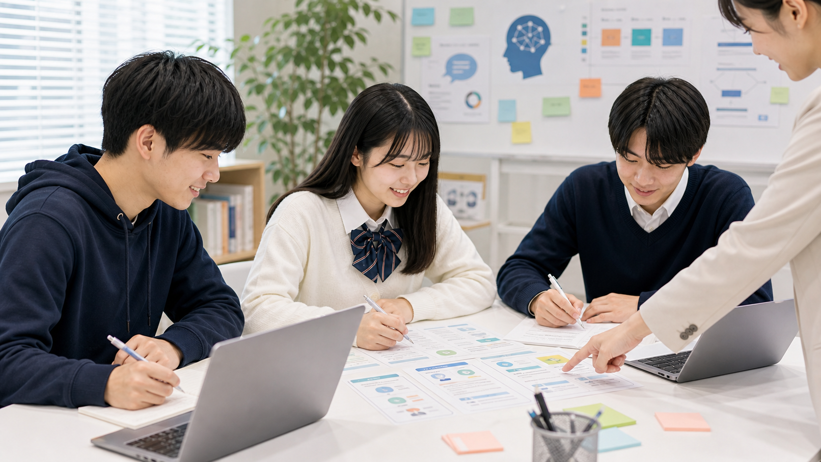 学生が生成AIの使い方をワークシートで学ぶ様子