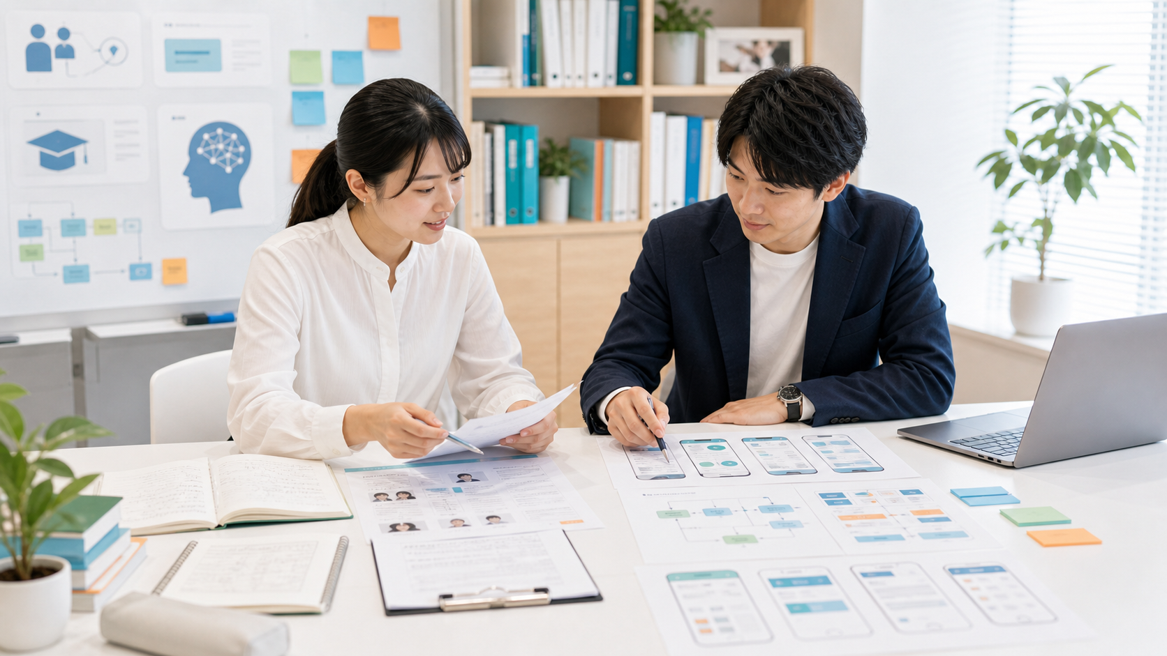 個別指導の運営資料とAIサービス制作資料を確認する様子