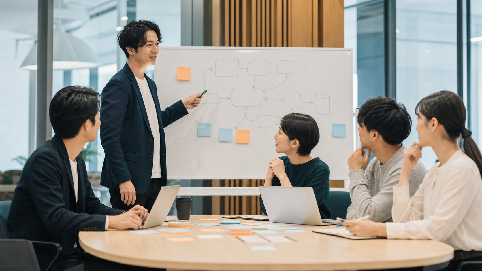 日本企業のチームがAI導入について話し合う会議