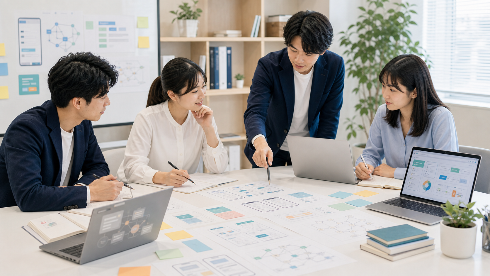 MIRAIMOのAIサービス制作チームが企画資料を確認する様子