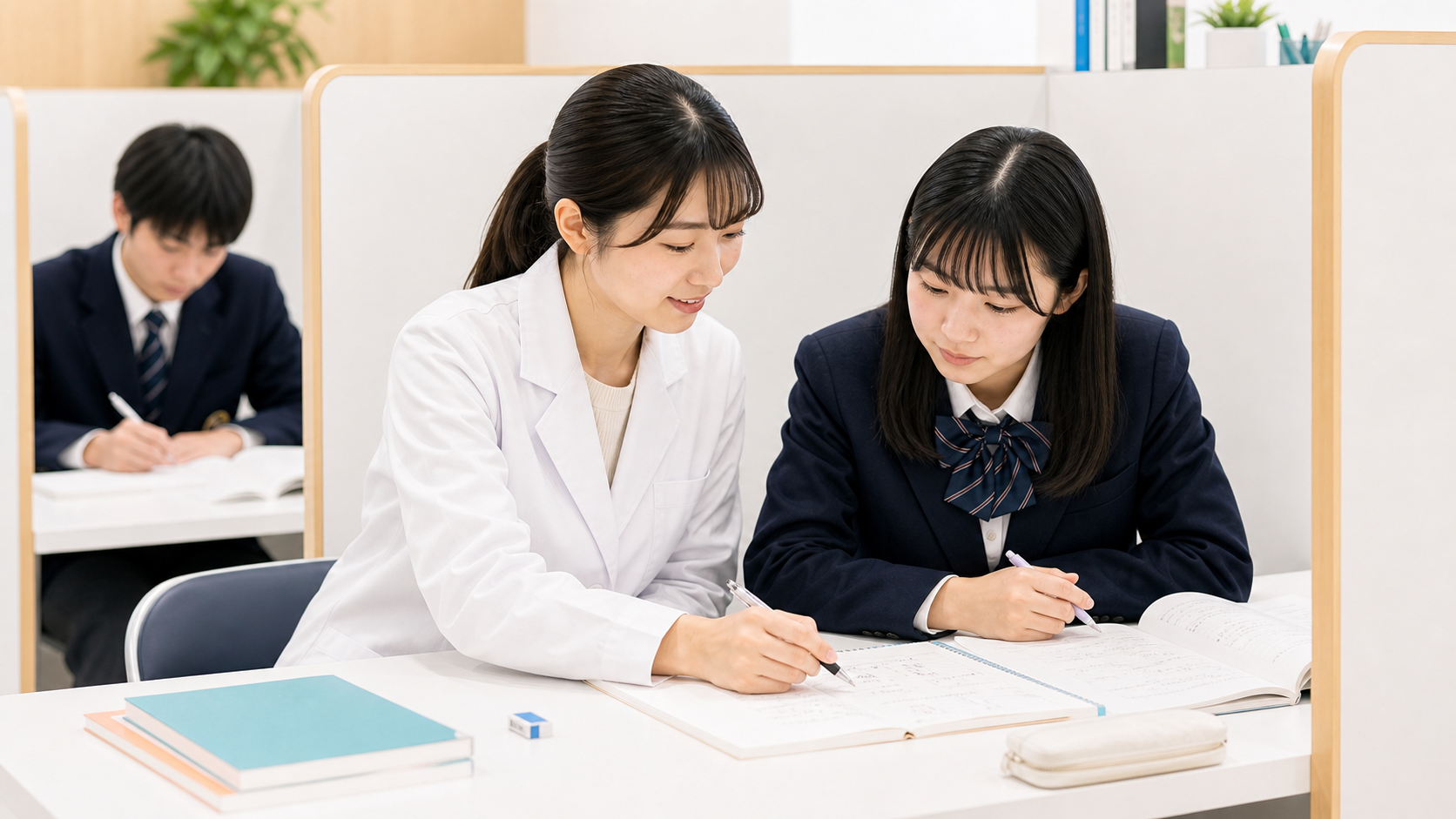白衣の講師が個別指導ブースで生徒のノートを確認する様子